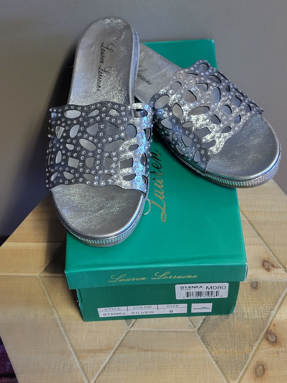 Lauren Lorraine Silver Cutout Rhinestone Slide Sandals